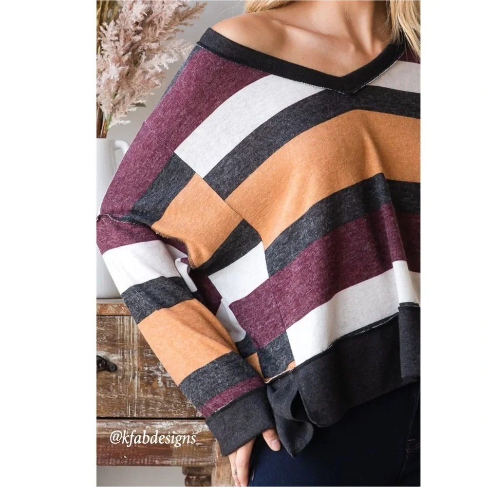 LAST 2! V Neck Large Striped Soft Top In a Relaxed Style and Rich Colors! - Picture 7 of 7